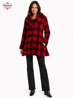 J8 BOO Size Medium Red Black Buffalo Plaid Fleece Fit & Flare Coat
